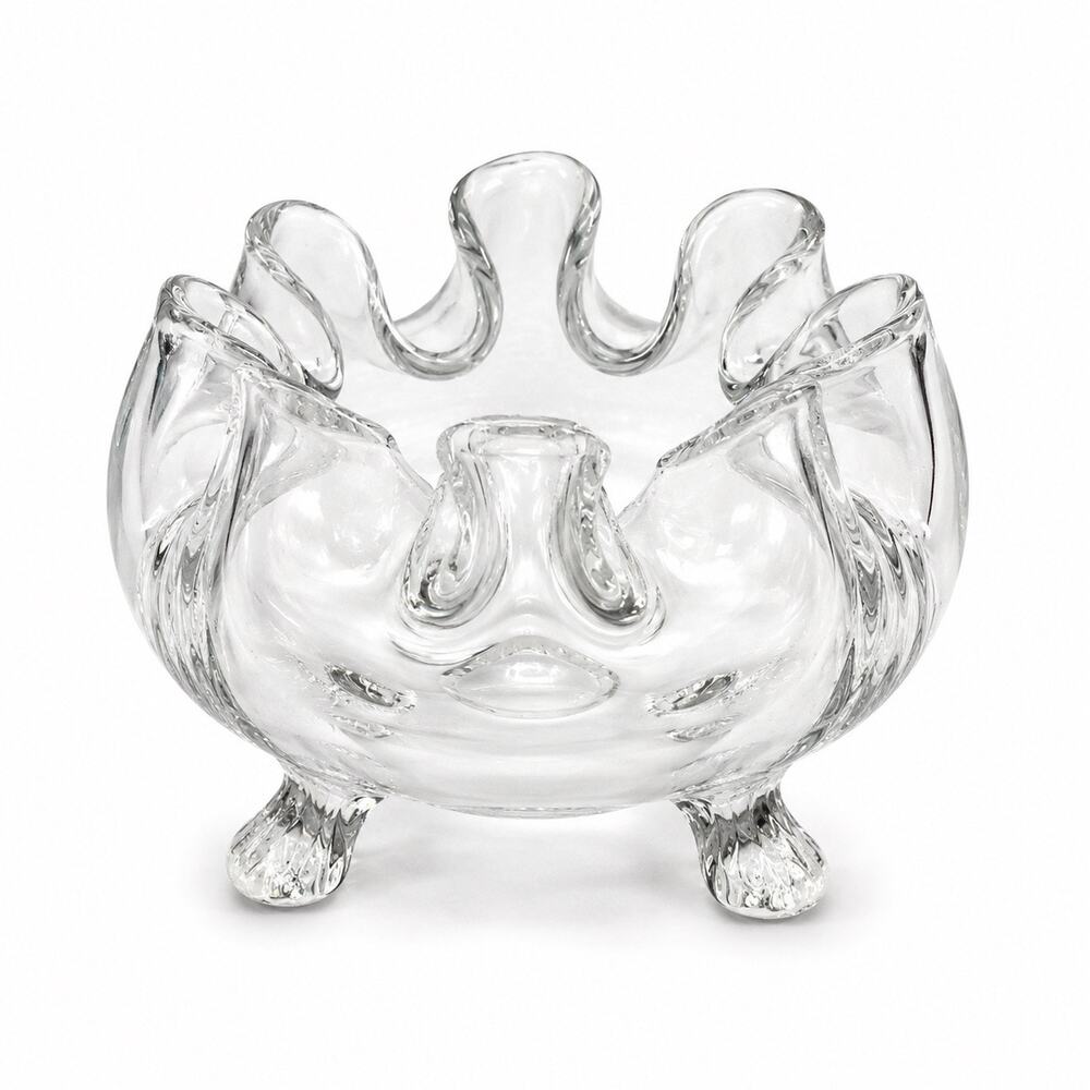 Vintage Clear Art Glass Ruffled Footed Bowl 3 Leg Open Salt Cellar Candy Dish